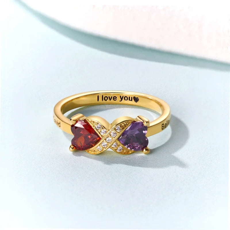 Personalized Infinity Ring with Heart Birthstones – Custom Engraved Name Ring for Mom | Mother’s Day Gift for Her