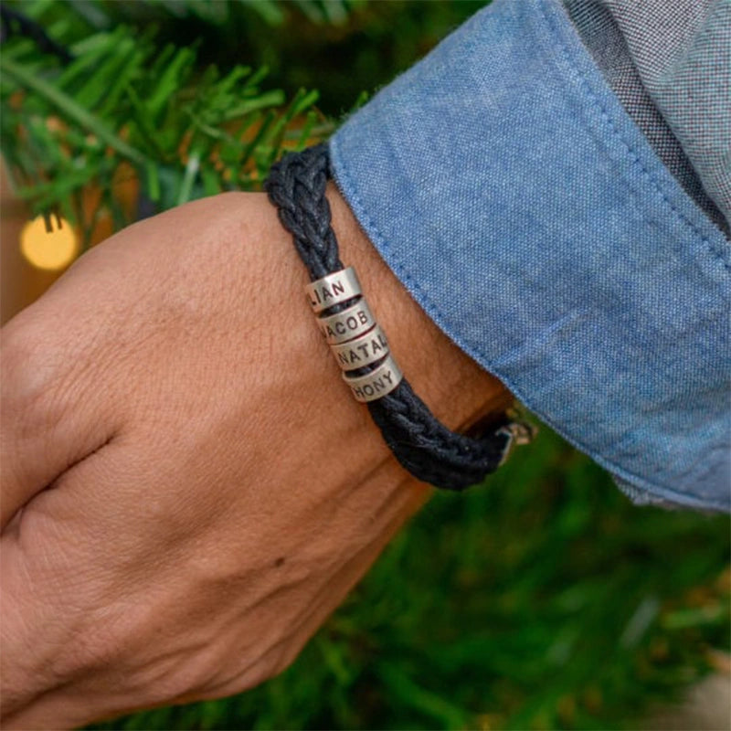 Personalized Leather Bracelet for Men – Custom Engraved Name Bracelet with Sterling Silver Beads