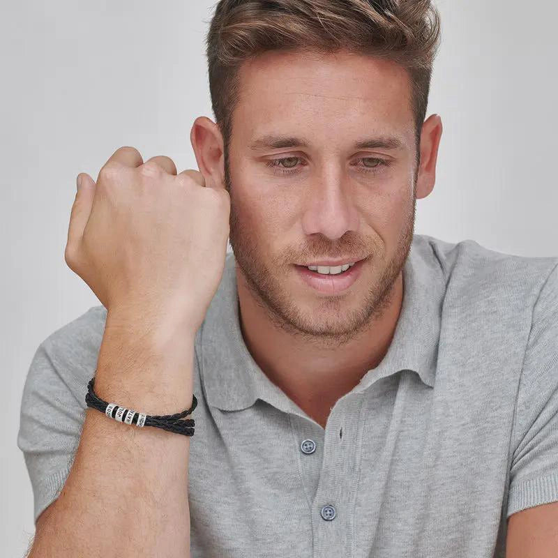 Personalized Leather Bracelet for Men – Custom Engraved Name Bracelet with Sterling Silver Beads
