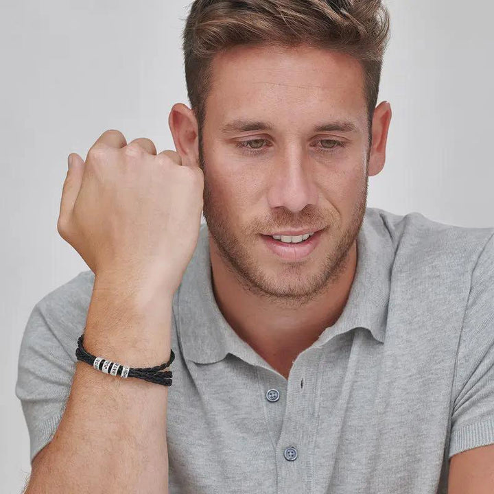 Personalized Leather Bracelet for Men – Custom Engraved Name Bracelet with Sterling Silver Beads