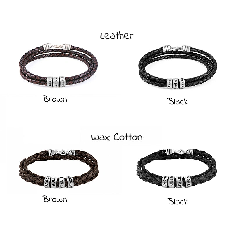 Personalized Leather Bracelet for Men – Custom Engraved Name Bracelet with Sterling Silver Beads
