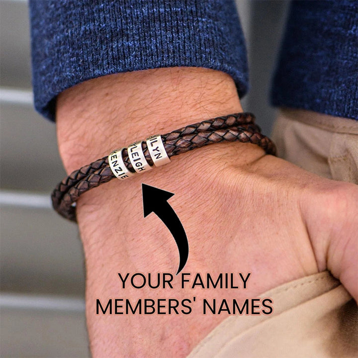 Personalized Leather Bracelet for Men – Custom Engraved Name Bracelet with Sterling Silver Beads