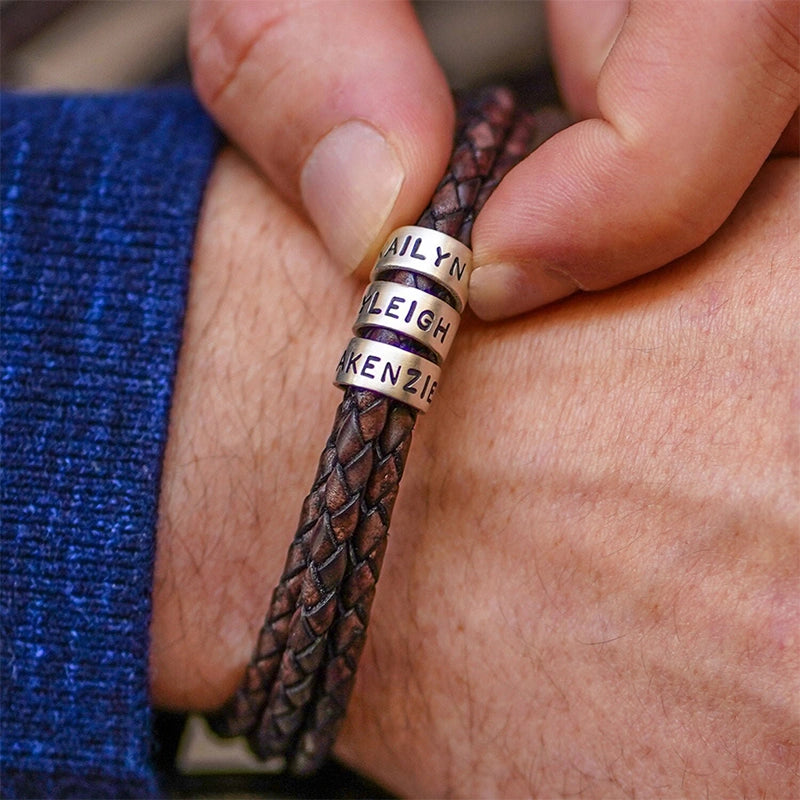 Personalized Leather Bracelet for Men – Custom Engraved Name Bracelet with Sterling Silver Beads