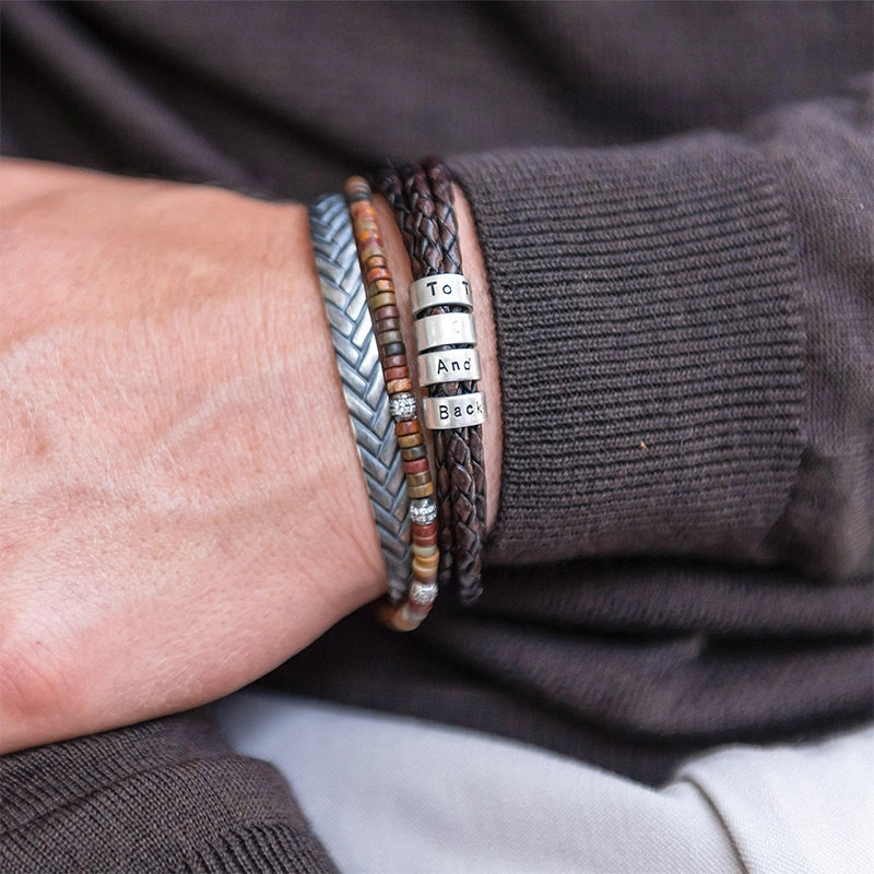 Personalized Leather Bracelet for Men – Custom Engraved Name Bracelet with Sterling Silver Beads