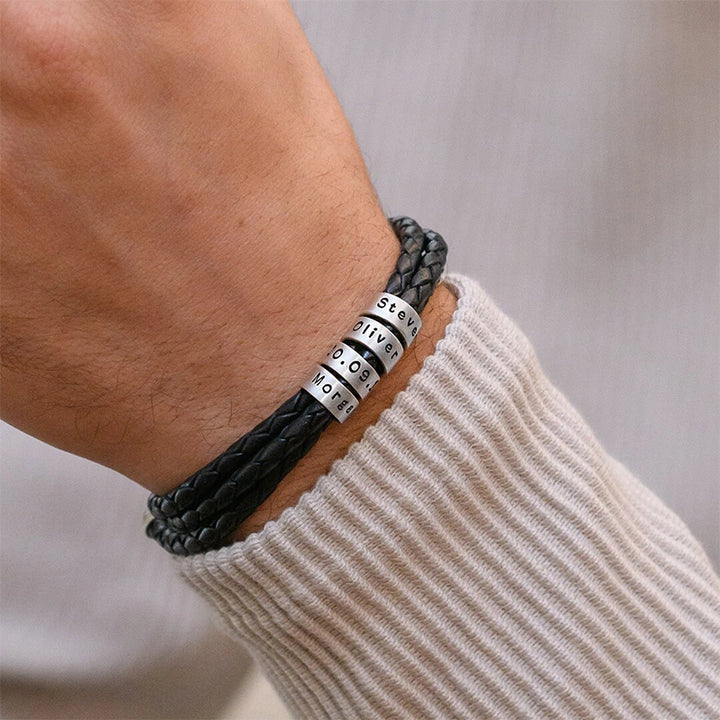 Personalized Leather Bracelet for Men – Custom Engraved Name Bracelet with Sterling Silver Beads