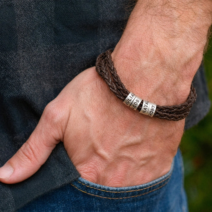 Personalized Leather Bracelet for Men – Custom Engraved Name Bracelet with Sterling Silver Beads