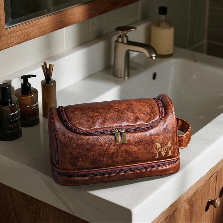 Personalized Leather Hanging Toiletry Bag for Men — Monogrammed Travel Organizer | Custom Grooming Bag | Valentine’s Day Gift for Him