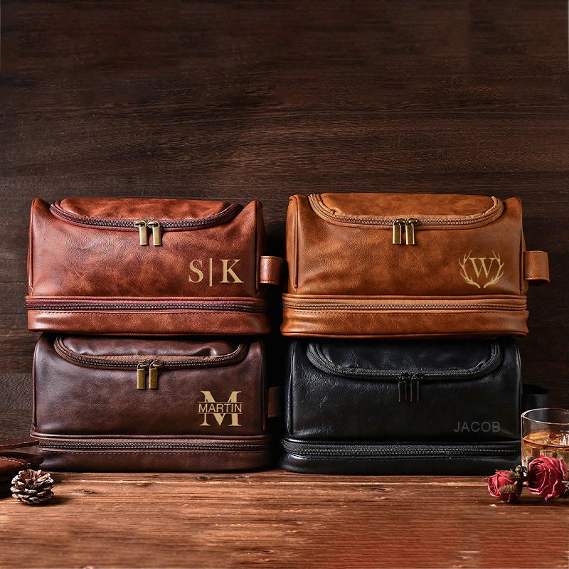 Personalized Leather Hanging Toiletry Bag for Men — Monogrammed Travel Organizer | Custom Grooming Bag | Valentine’s Day Gift for Him