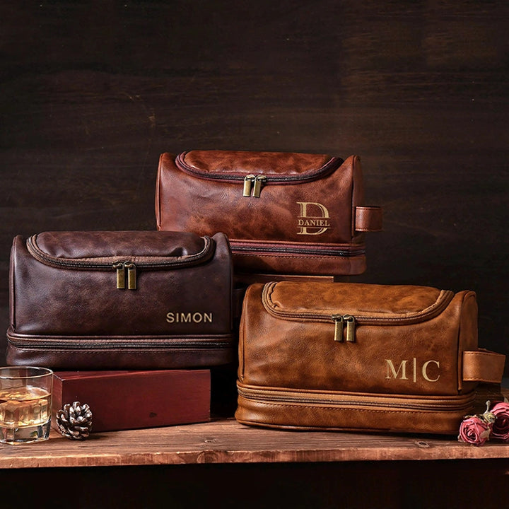 Personalized Leather Hanging Toiletry Bag for Men — Monogrammed Travel Organizer | Custom Grooming Bag | Valentine’s Day Gift for Him