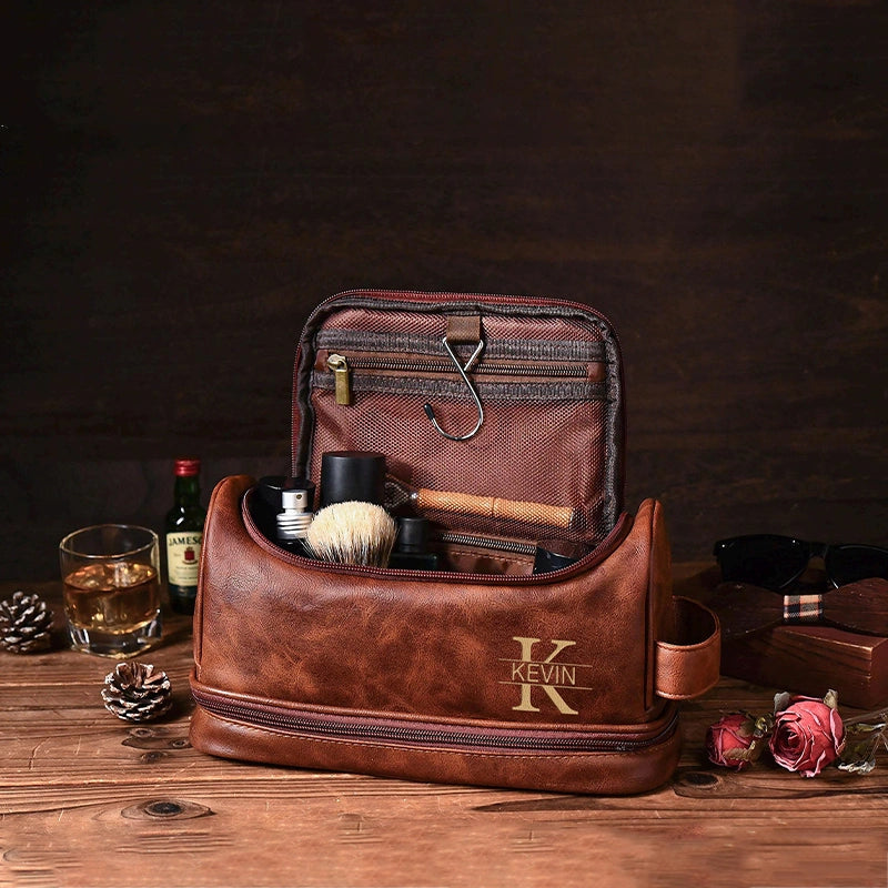 Personalized Leather Hanging Toiletry Bag for Men — Monogrammed Travel Organizer | Custom Grooming Bag | Valentine’s Day Gift for Him