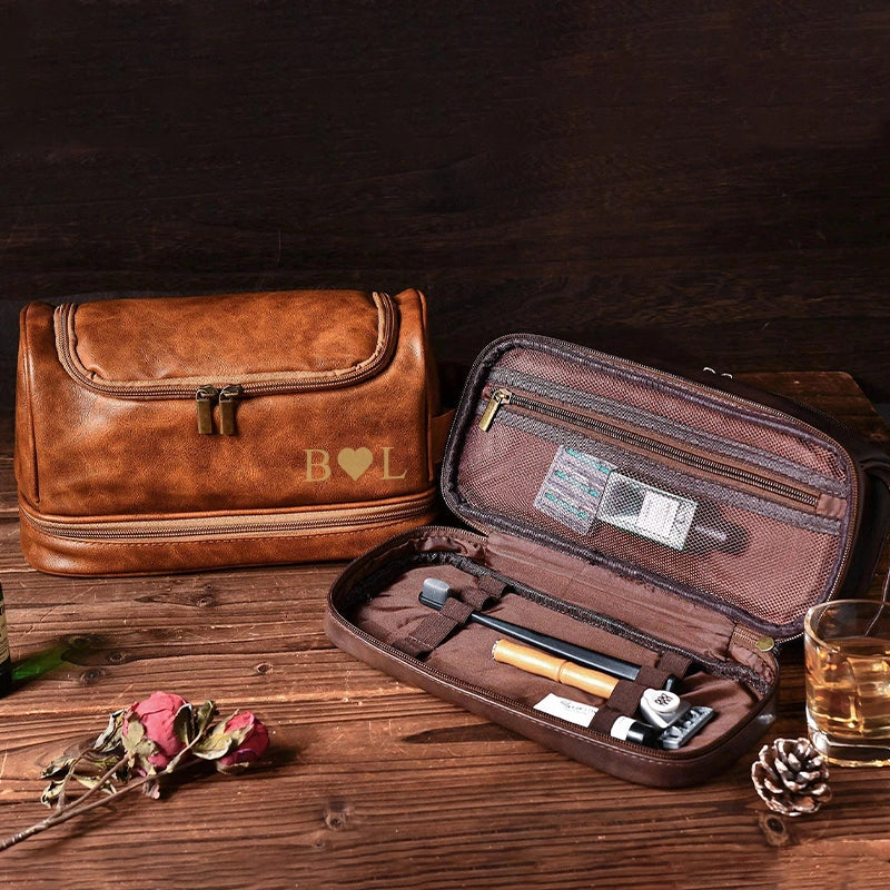 Personalized Leather Hanging Toiletry Bag for Men — Monogrammed Travel Organizer | Custom Grooming Bag | Valentine’s Day Gift for Him