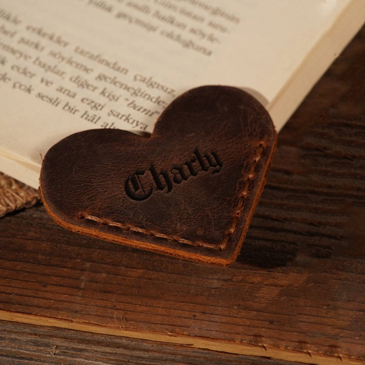 Personalized Leather Heart Bookmark – Custom Genuine Leather Page Corner Marker, Handmade Heart Bookmarks, Gift for Readers, Him & Her