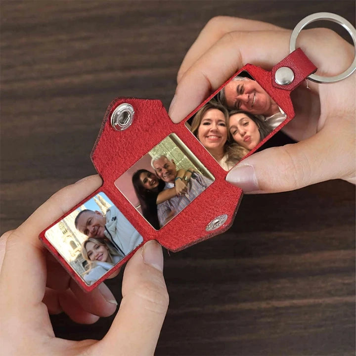Personalized Leather Photo Album Keychain – Custom Engraved Picture Keyring for Dad & Him