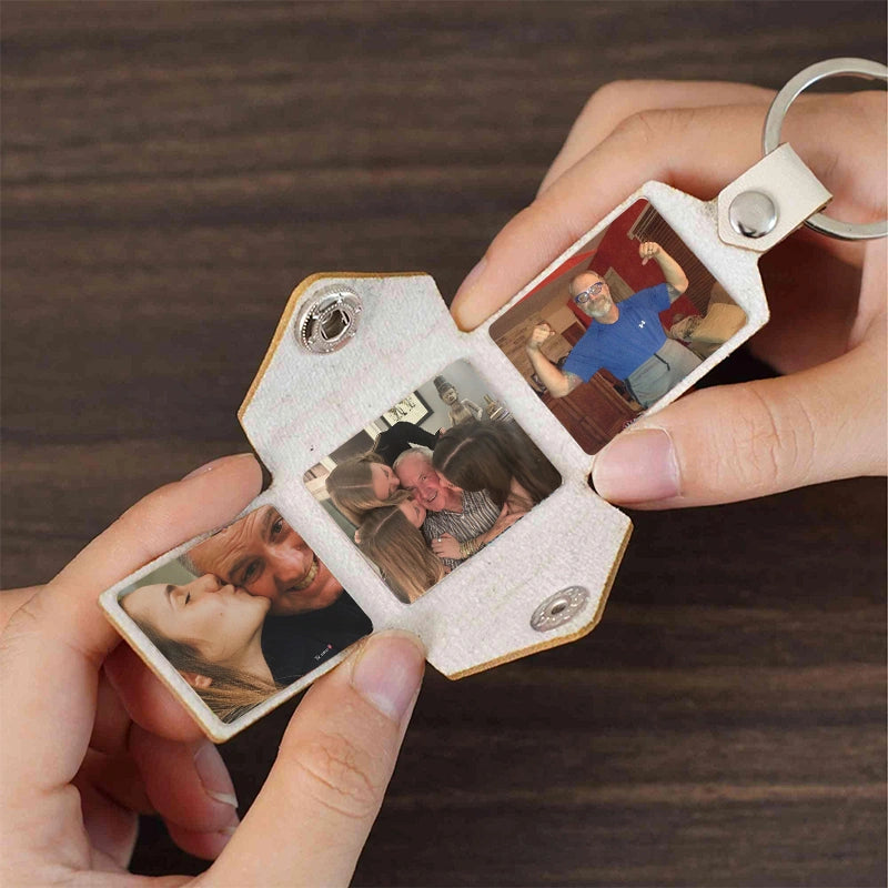 Personalized Leather Photo Album Keychain – Custom Engraved Picture Keyring for Dad & Him