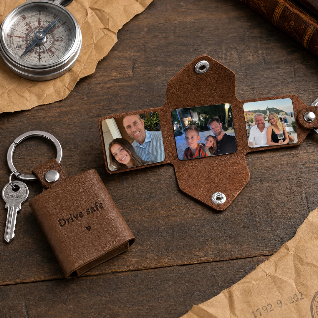 Personalized Leather Photo Album Keychain – Custom Engraved Picture Keyring for Dad & Him