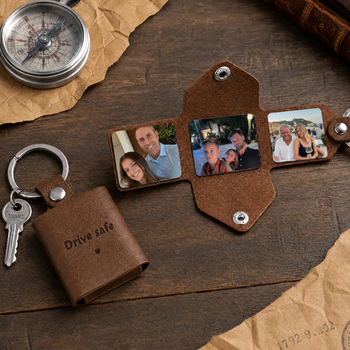 Personalized Leather Photo Album Keychain – Custom Engraved Picture Keyring for Dad & Him