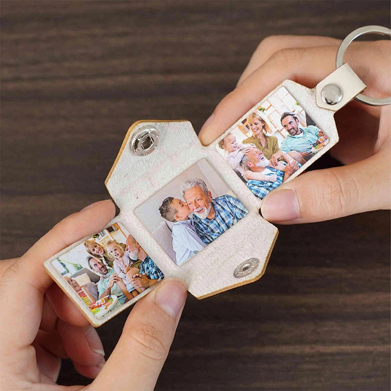 Personalized Leather Photo Album Keychain – Custom Engraved Picture Keyring for Dad & Him