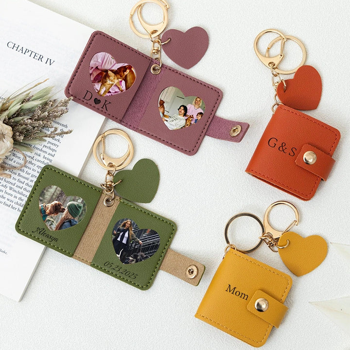 Personalized Leather Photo Keychain – Double Photo Keyring with Engraving | Custom Gift for Dad, Mom, Couples