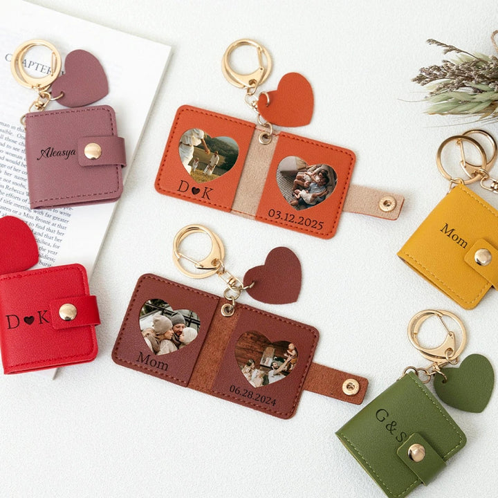 Personalized Leather Photo Keychain – Double Photo Keyring with Engraving | Custom Gift for Dad, Mom, Couples