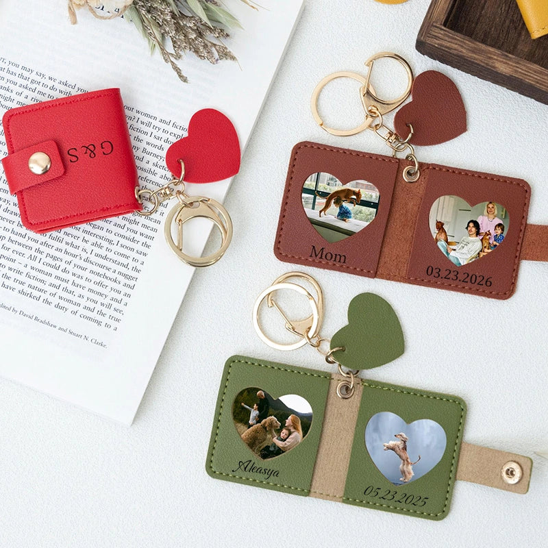 Personalized Leather Photo Keychain – Double Photo Keyring with Engraving | Custom Gift for Dad, Mom, Couples