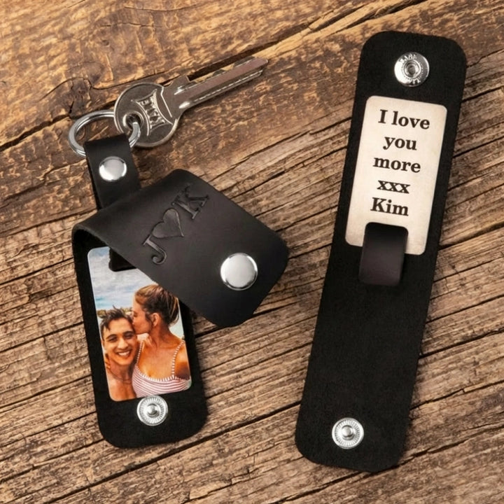 Personalized Leather Photo Keychain – Custom Engraved Picture Keyring Gift