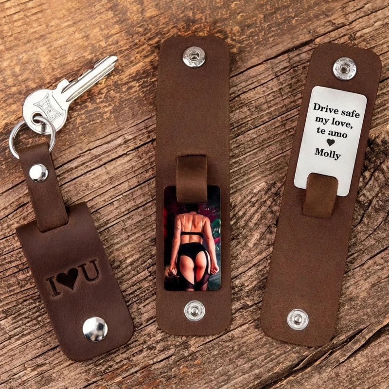 Personalized Leather Photo Keychain – Custom Engraved Picture Keyring Gift