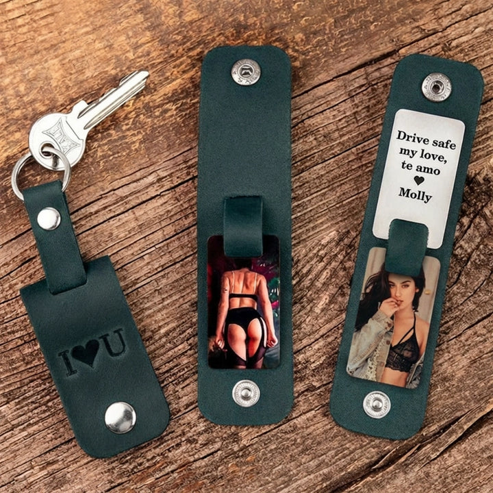 Personalized Leather Photo Keychain – Custom Engraved Picture Keyring Gift