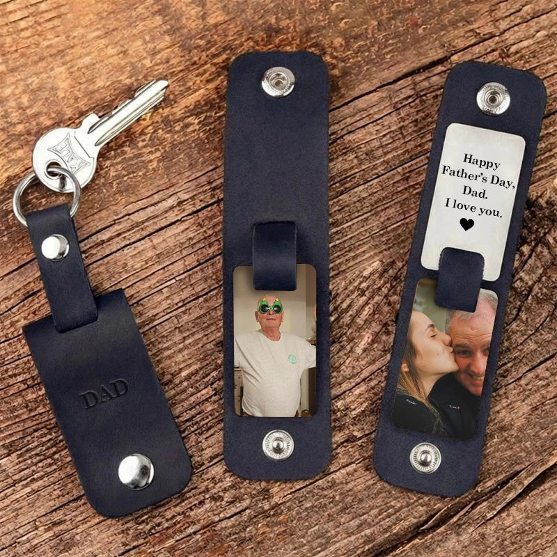 Personalized Leather Photo Keychain – Custom Engraved Picture Keyring for Dad & Him