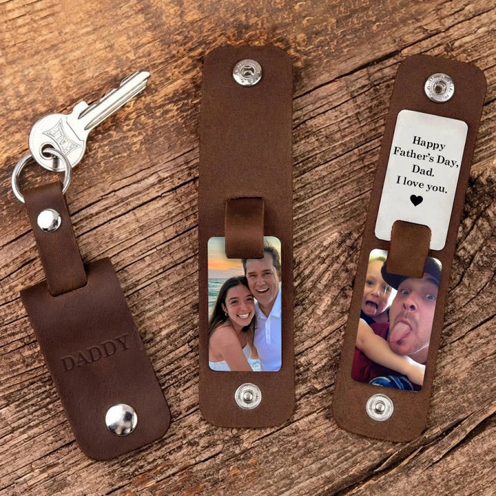 Personalized Leather Photo Keychain – Custom Engraved Picture Keyring for Dad & Him