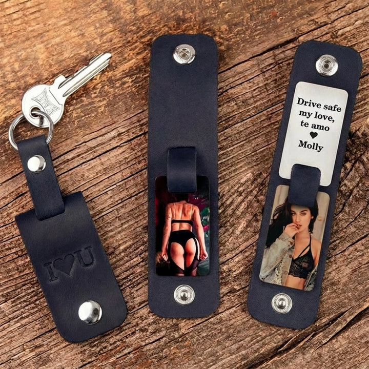 Personalized Leather Photo Keychain – Custom Engraved Picture Keyring Gift