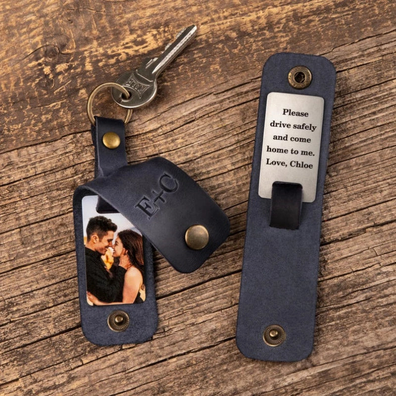Personalized Leather Photo Keychain for Him – Custom Engraved Picture Keyring Gift