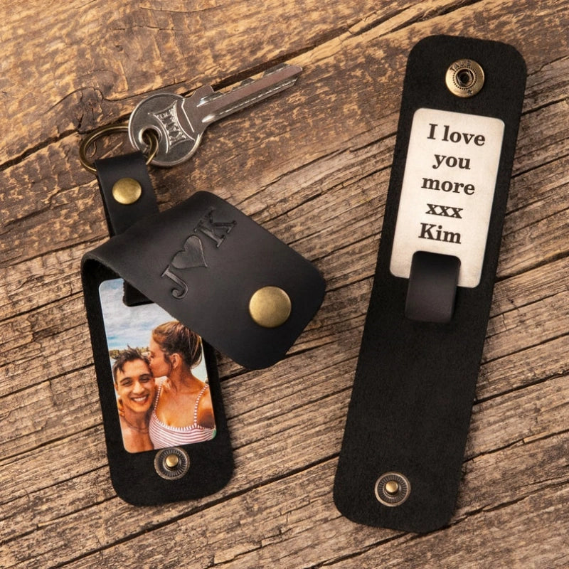 Personalized Leather Photo Keychain for Him – Custom Engraved Picture Keyring Gift