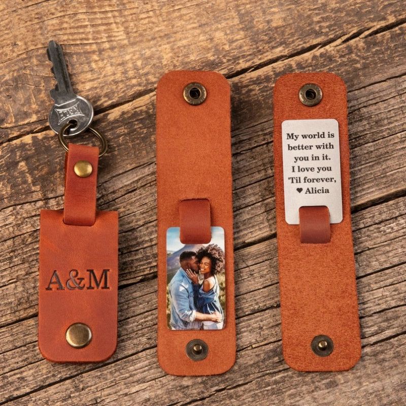 Personalized Leather Photo Keychain for Him – Custom Engraved Picture Keyring Gift