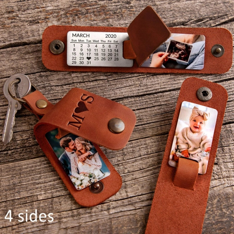 Personalized Leather Photo Keychain for Him – Custom Engraved Picture Keyring Gift