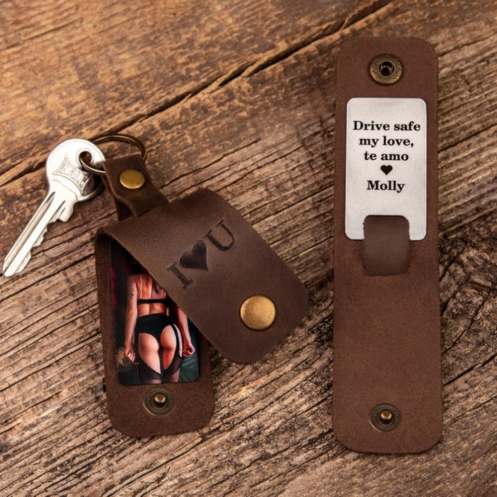 Personalized Leather Photo Keychain for Him – Custom Engraved Picture Keyring Gift