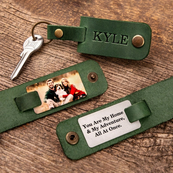 Personalized Leather Photo Keychain for Him – Custom Engraved Picture Keyring Gift