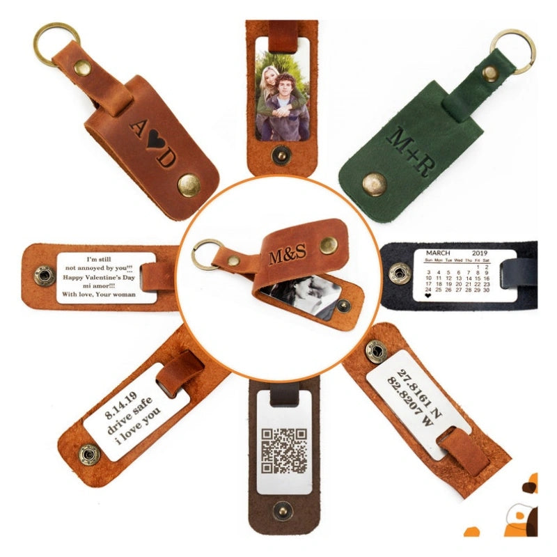 Personalized Leather Photo Keychain for Him – Custom Engraved Picture Keyring Gift