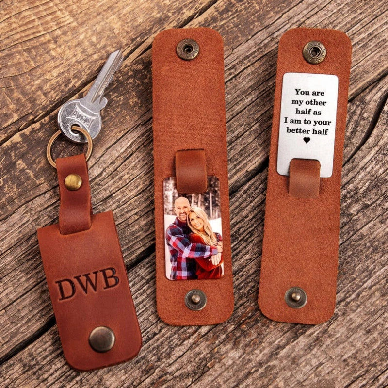 Personalized Leather Photo Keychain for Him – Custom Engraved Picture Keyring Gift