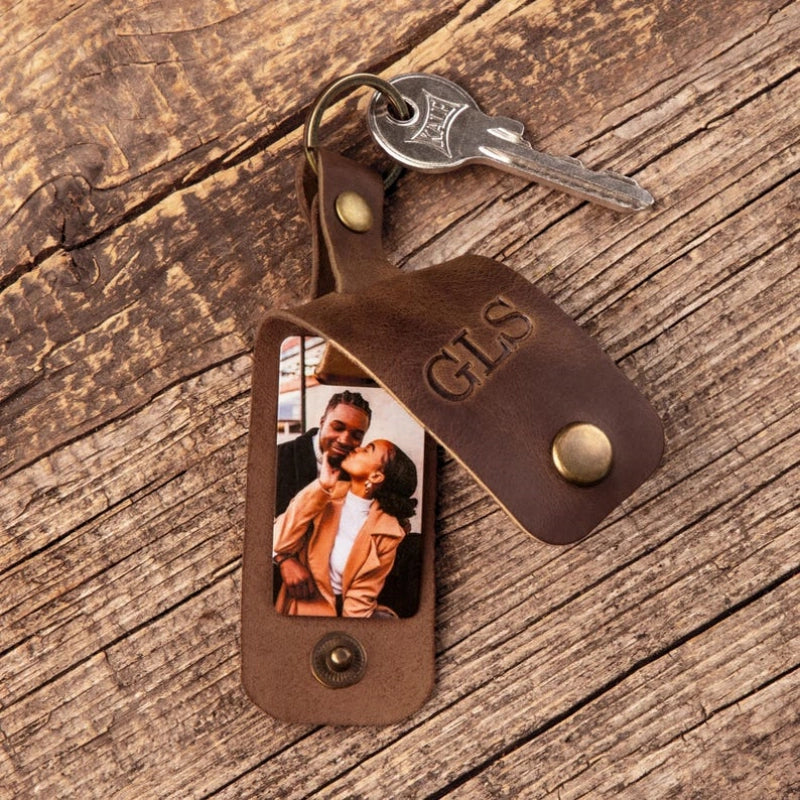 Personalized Leather Photo Keychain for Him – Custom Engraved Picture Keyring Gift