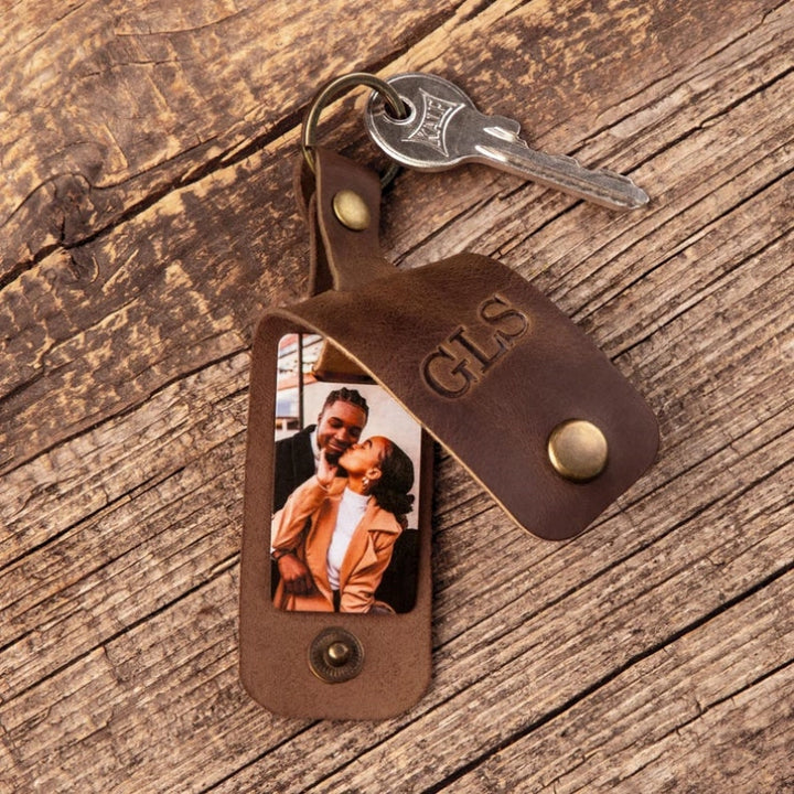Personalized Leather Photo Keychain for Him – Custom Engraved Picture Keyring Gift