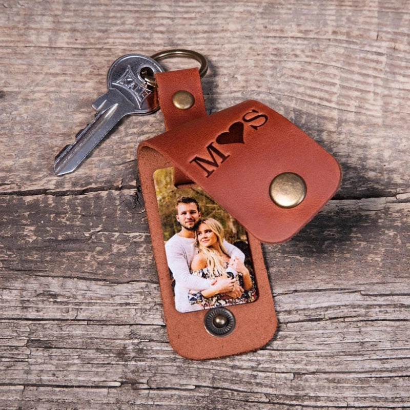 Personalized Leather Photo Keychain for Him – Custom Engraved Picture Keyring Gift