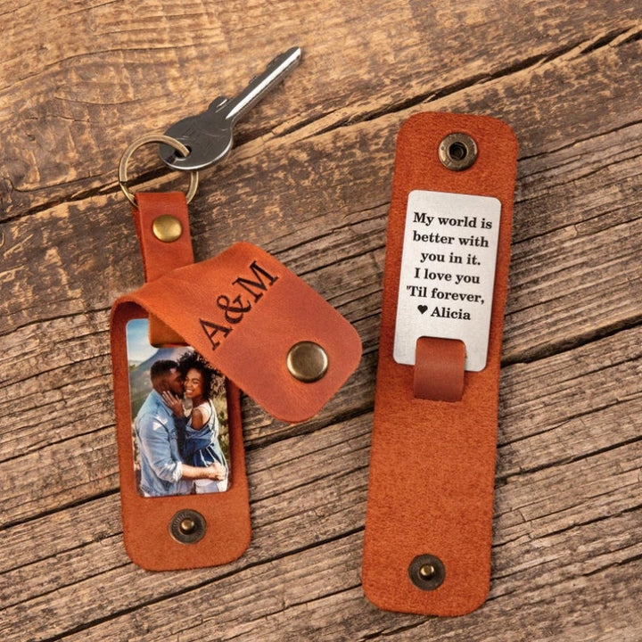 Personalized Leather Photo Keychain for Him – Custom Engraved Picture Keyring Gift