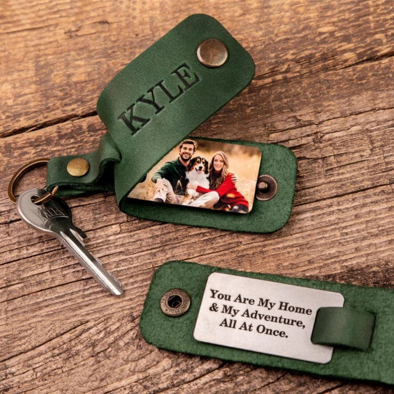 Personalized Leather Photo Keychain for Him – Custom Engraved Picture Keyring Gift
