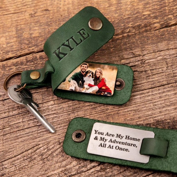 Personalized Leather Photo Keychain for Him – Custom Engraved Picture Keyring Gift