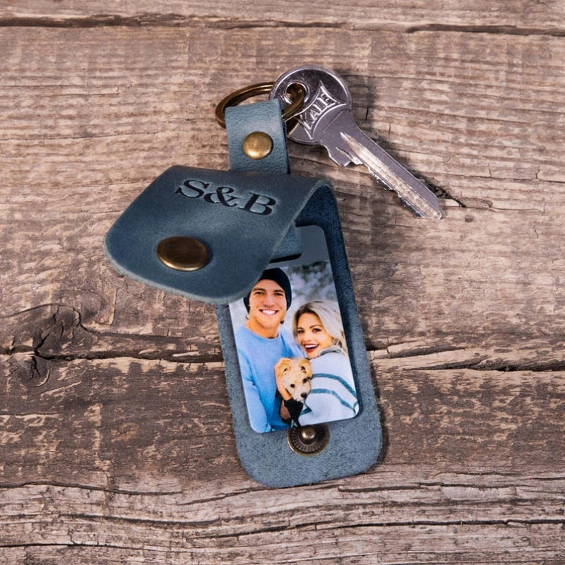 Personalized Leather Photo Keychain for Him – Custom Engraved Picture Keyring Gift