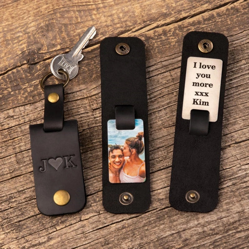 Personalized Leather Photo Keychain for Him – Custom Engraved Picture Keyring Gift