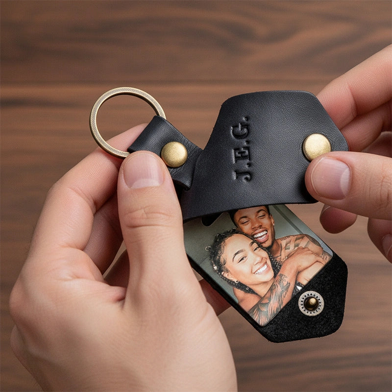 Personalized Leather Photo Keychain for Men | Custom Picture Keychain Gift for Him | Engraved Leather Keyring for Boyfriend, Husband, Dad