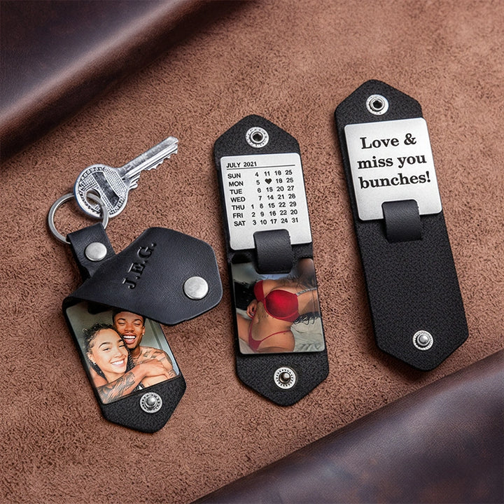 Personalized Leather Photo Keychain for Men | Custom Picture Keychain Gift for Him | Engraved Leather Keyring for Boyfriend, Husband, Dad