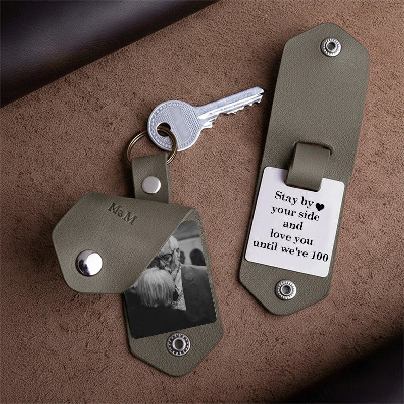 Personalized Leather Photo Keychain for Men | Custom Picture Keychain Gift for Him | Engraved Leather Keyring for Boyfriend, Husband, Dad
