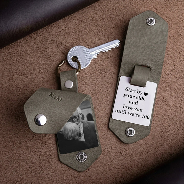 Personalized Leather Photo Keychain for Men | Custom Picture Keychain Gift for Him | Engraved Leather Keyring for Boyfriend, Husband, Dad